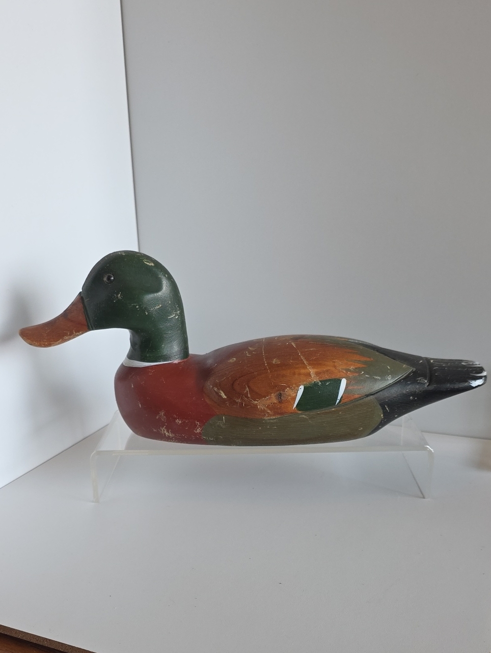 Vintage Wooden Mallard Duck Decoy - Hand Carved Folk Art Rustic Cabin Decor 11"